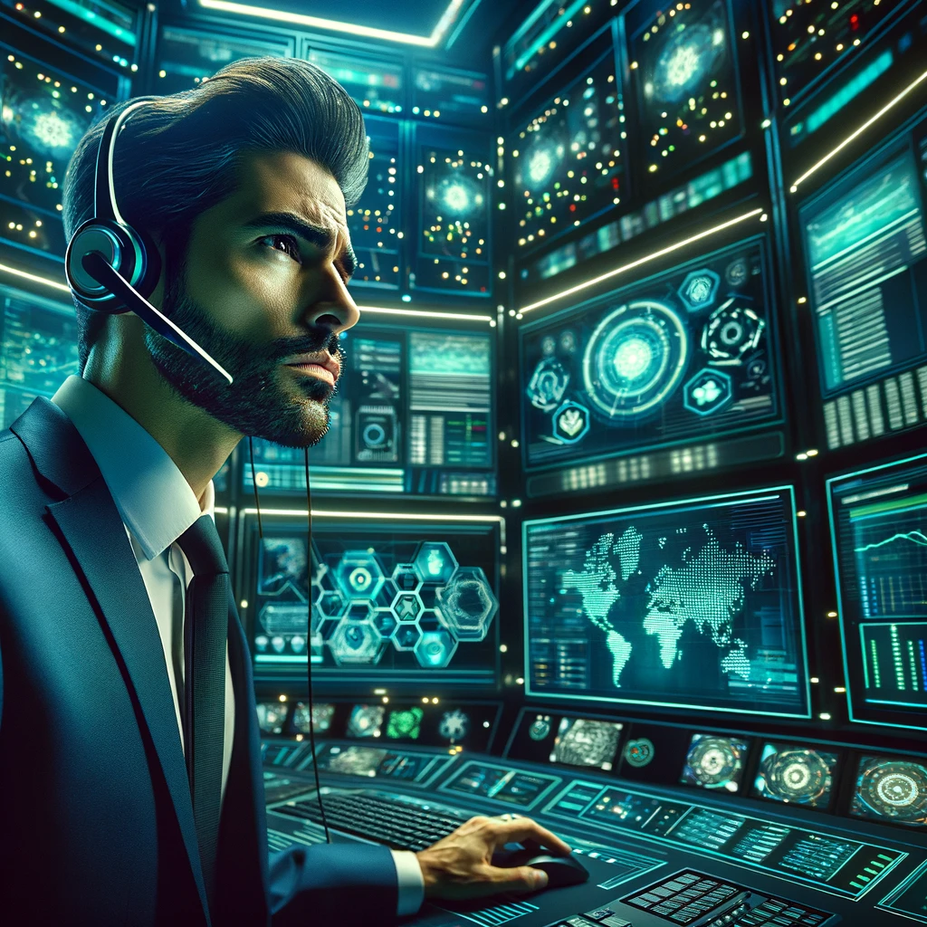  The image portrays a man of Hispanic descent in a modern, sleek cyber-security control room, surrounded by high-tech equipment and glowing screens.